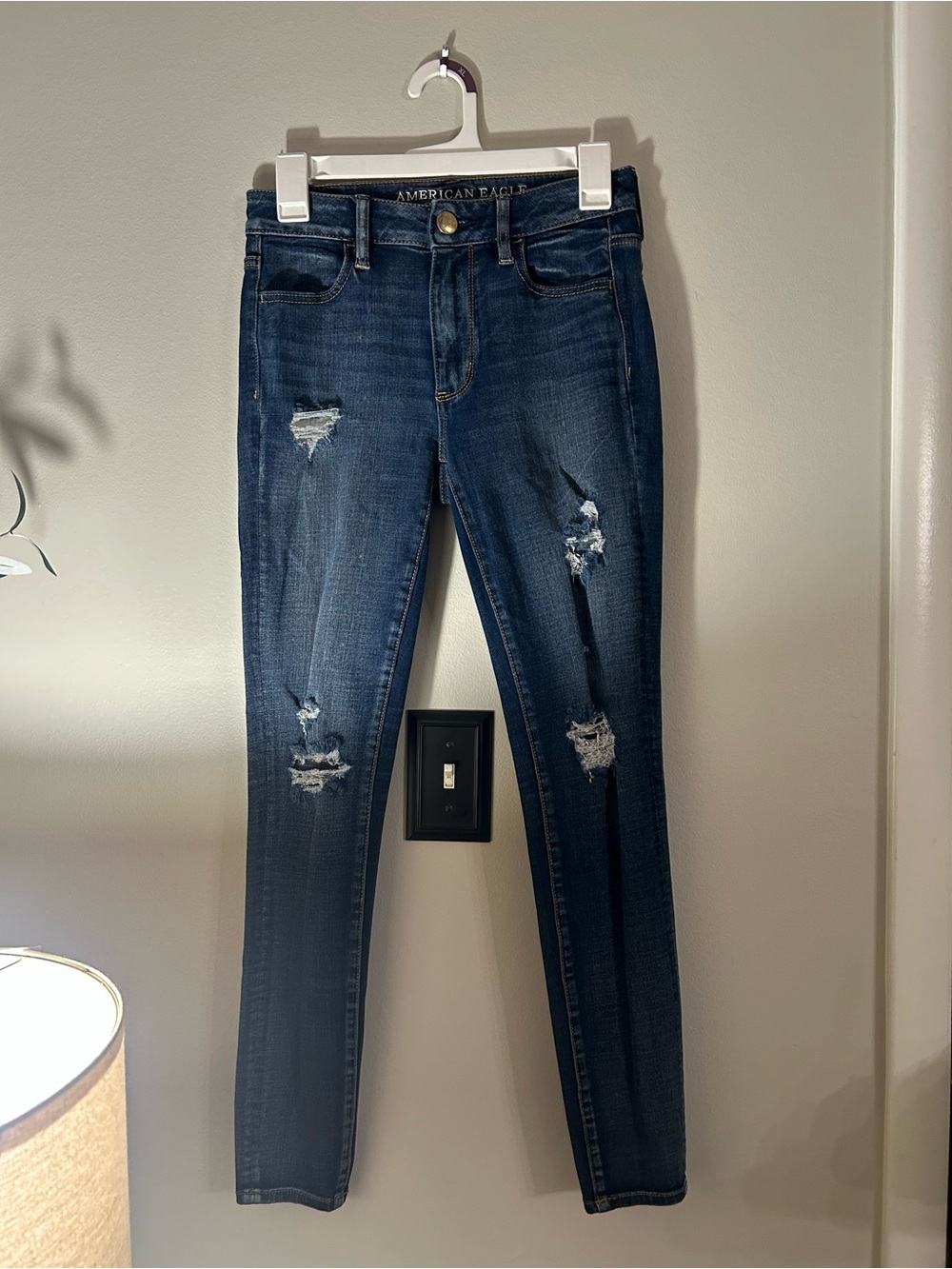 American Eagle Outfitters Raw Hem Dark Blue Distressed Skinny Jeans